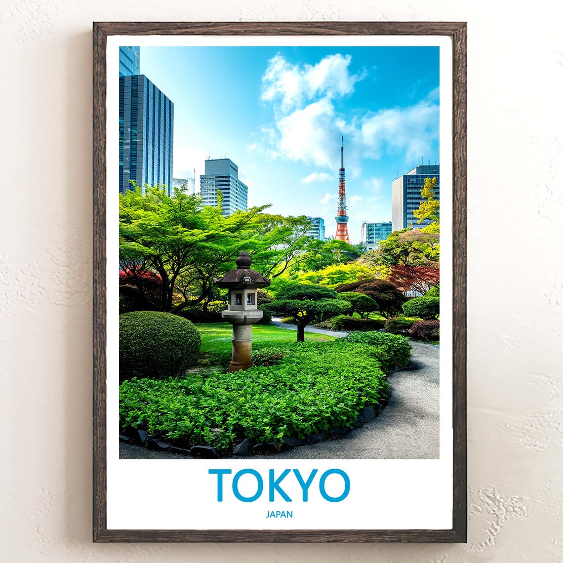 Tokyo Garden Stone Lantern with Tokyo Tower Behind Skyscrapers Poster