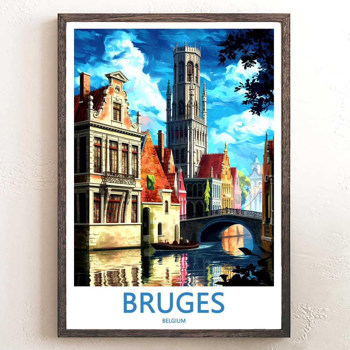 Bruges Daytime Canal Bridge with Belfry Tower Belgium Travel Poster