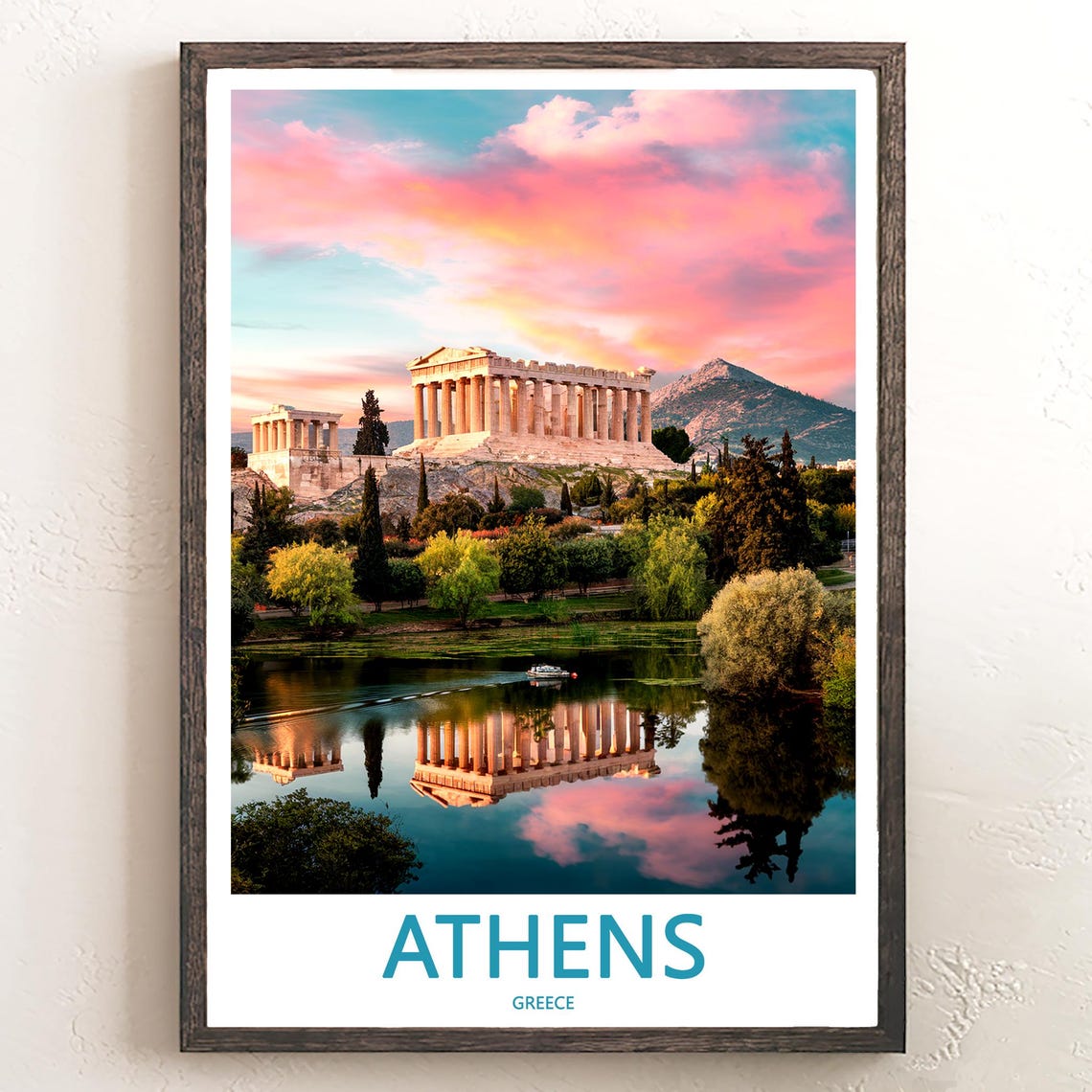 Athens Acropolis Sunrise Lake Reflection Photo Travel Poster
