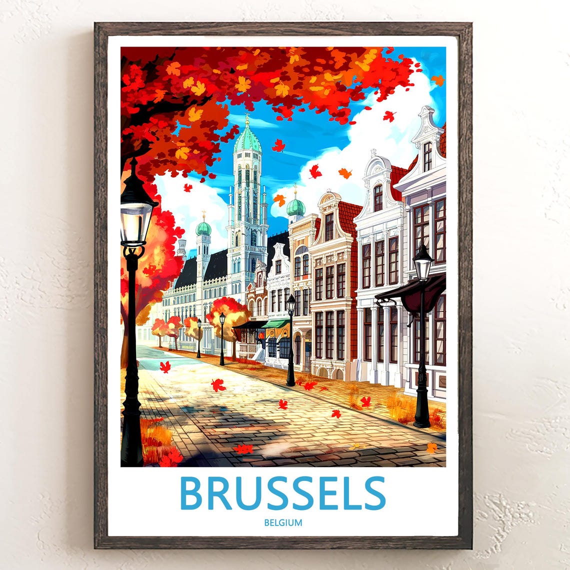 Brussels Belgium Maple Tree Autumn Street Illustration Art Poster