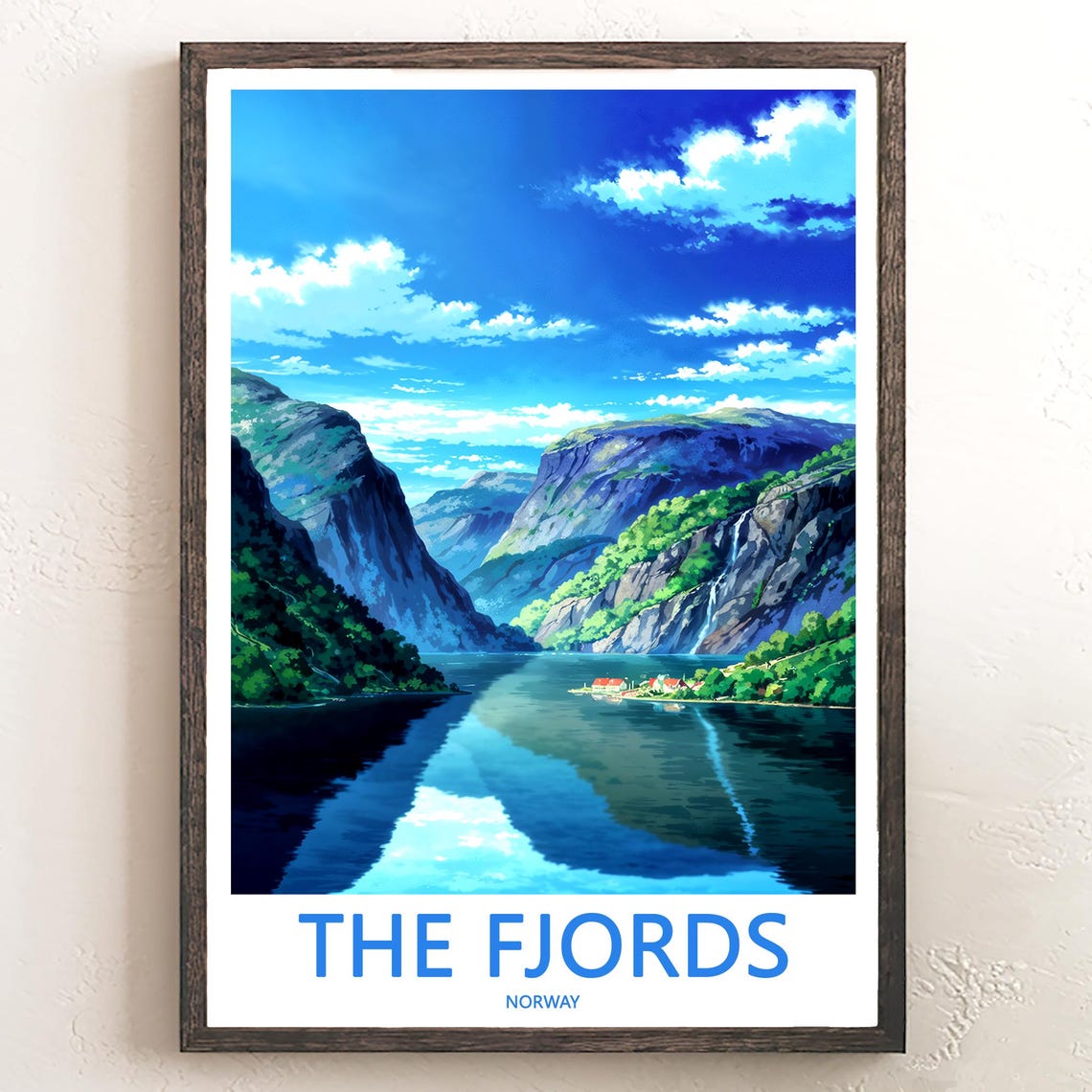The Fjords Norway Bright Blue Stylized Green Cliffs Travel Poster