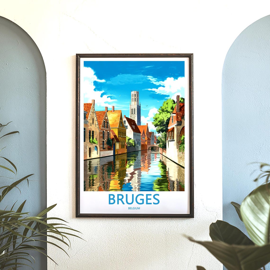 Bruges Belgium Canal With Historic Tower Under Bright Sky Poster - Image 3