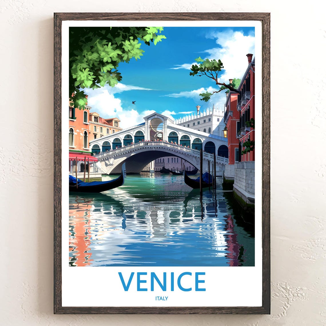 Venice Italy Rialto Bridge Framed By Lush Green Trees Art Poster