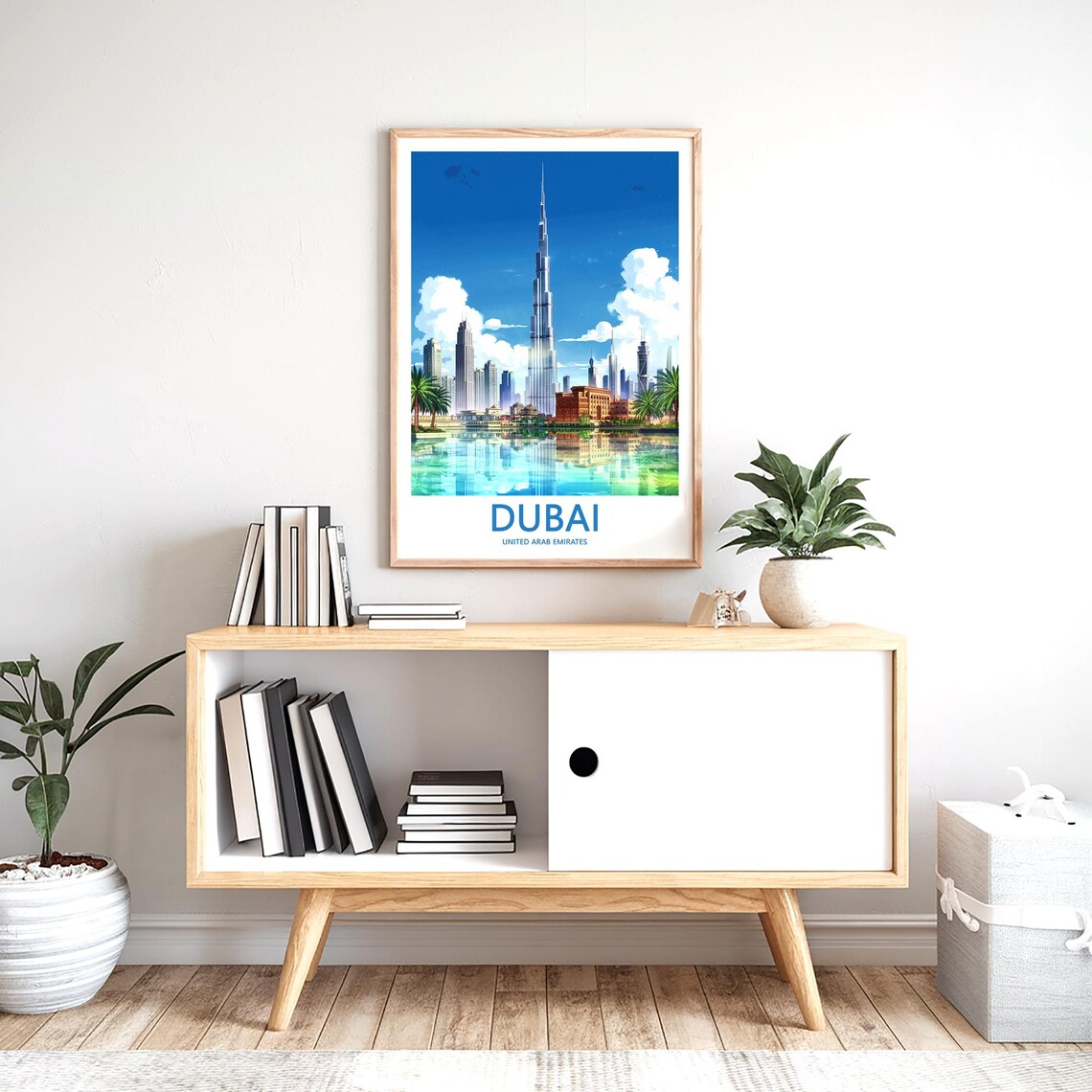 Dubai Burj Khalifa Fountain Lake Illustrated with Palm Trees Poster - Image 2