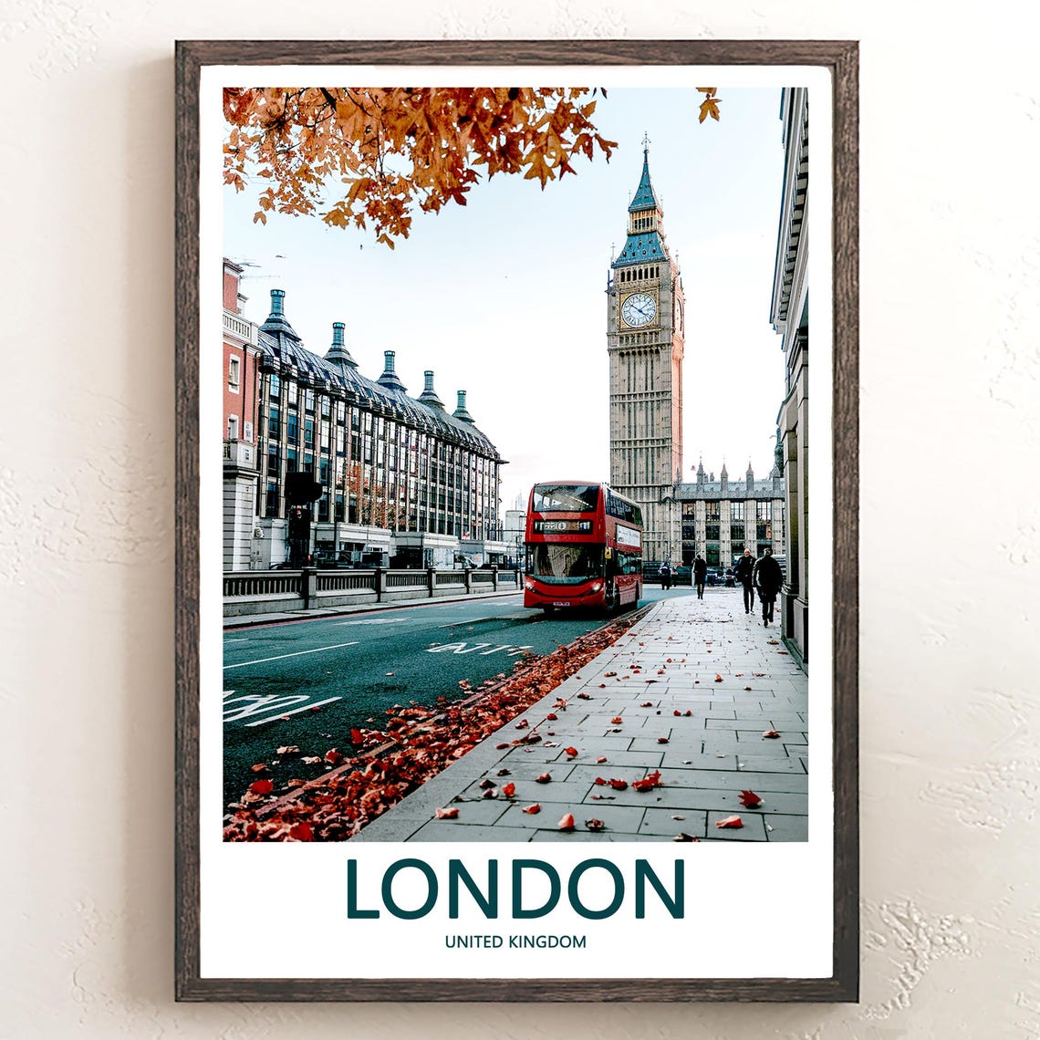 Big Ben Red Double Decker Bus Autumn Leaves Street Photo Poster