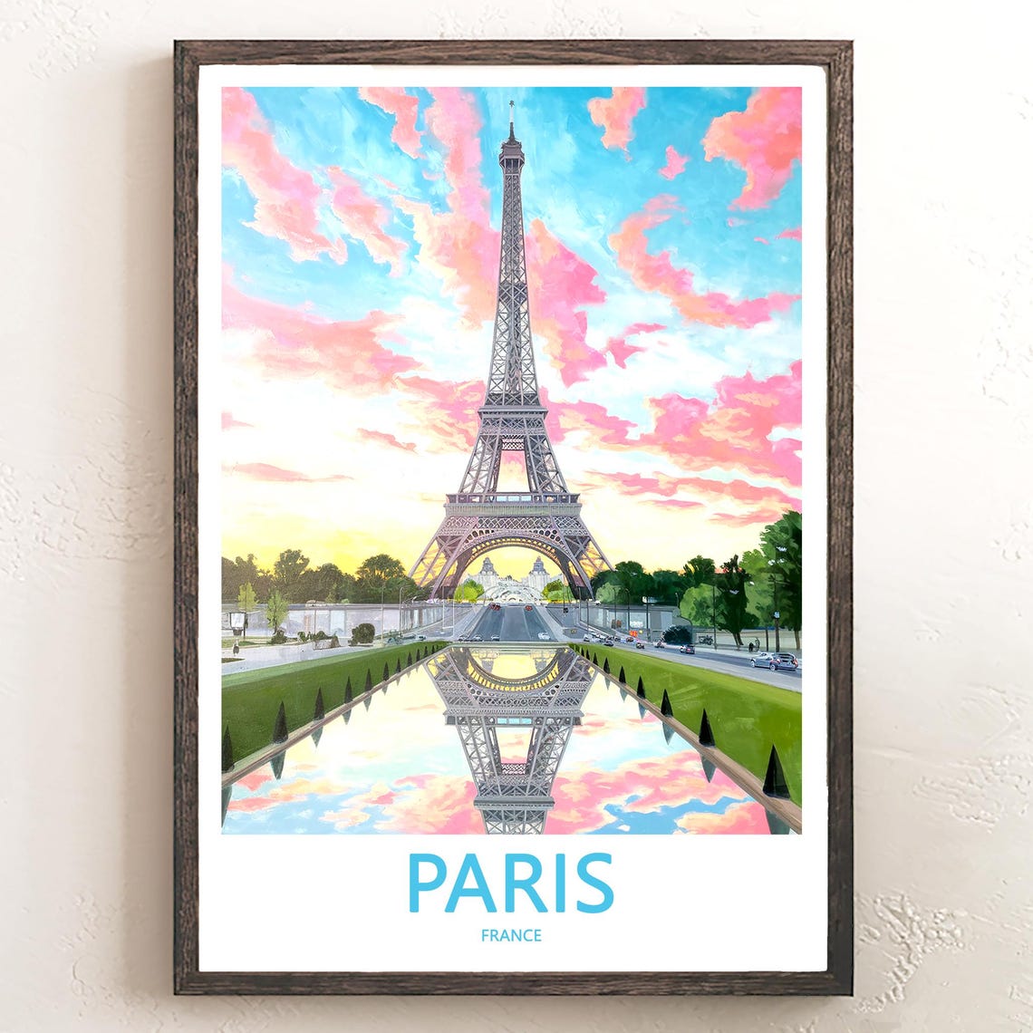 Paris Eiffel Tower Mirror Pool Pink Sunset Reflection Poster