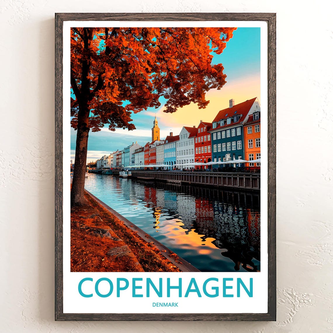 Copenhagen Nyhavn Autumn Trees Sunset Reflection Denmark Travel Poster