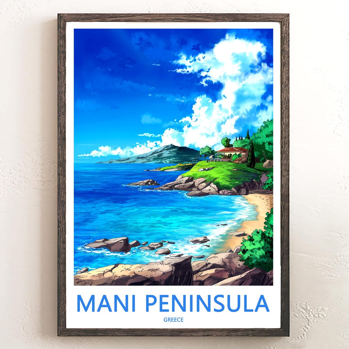 Mani Peninsula Greece Turquoise Cove and Seaside Villa Travel Poster