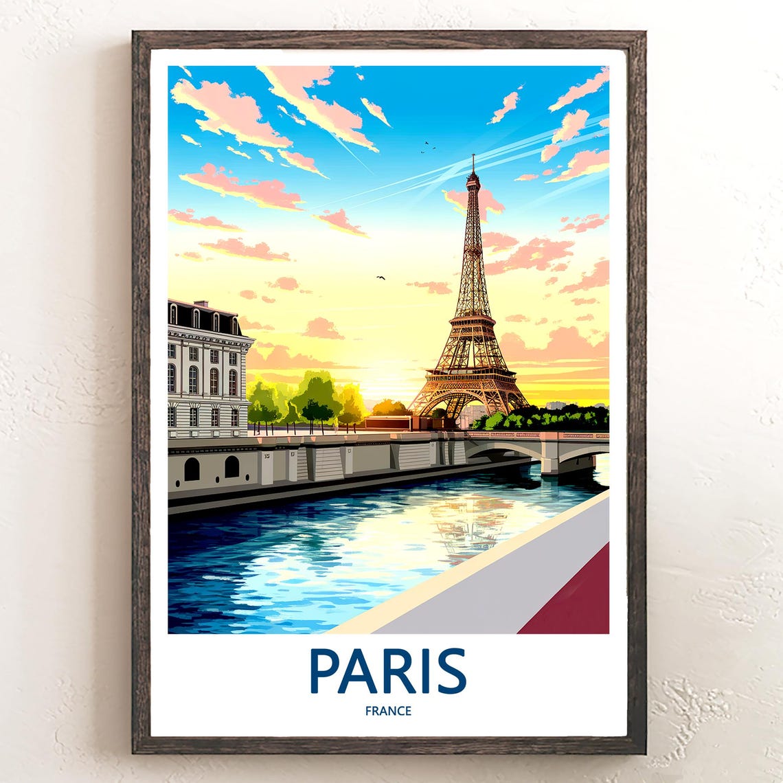 Eiffel Tower Seine Sunset Bridge Pink Clouds Paris Travel Poster