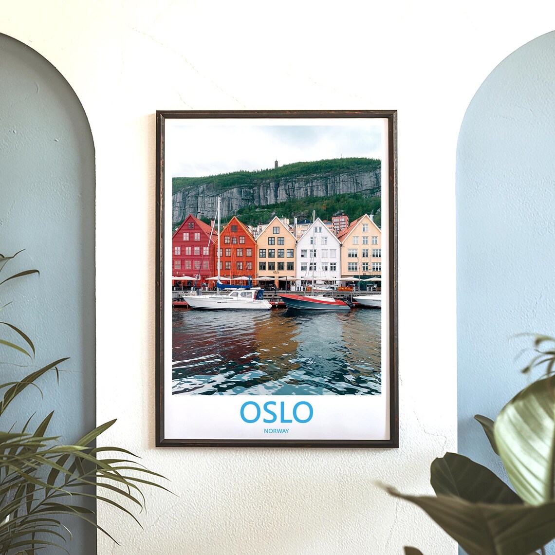 Oslo Harbor Colorful Houses and Sailboats Under Cliff Poster - Image 3