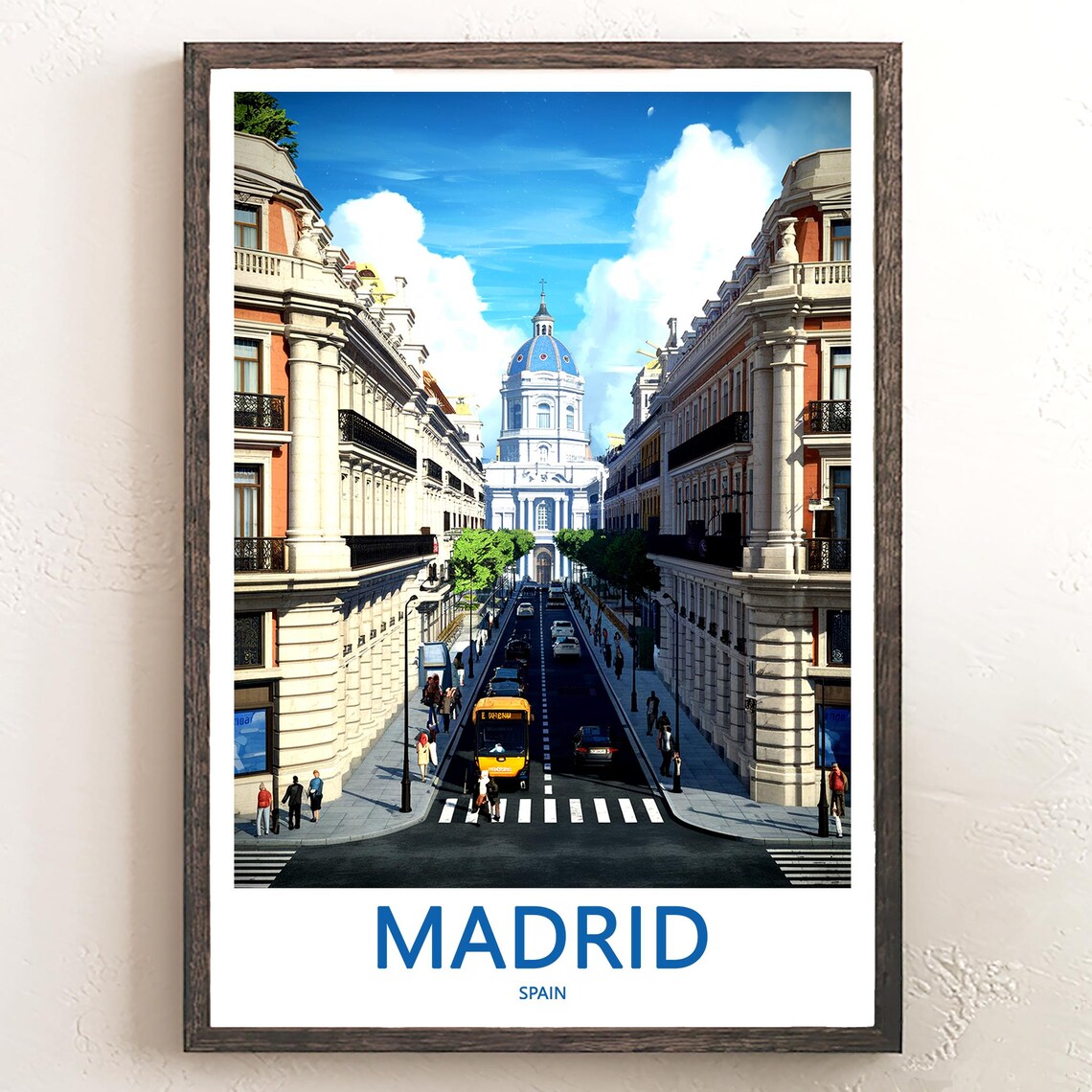 Madrid Blue Domed Church Busy Street Yellow Bus Scene Poster