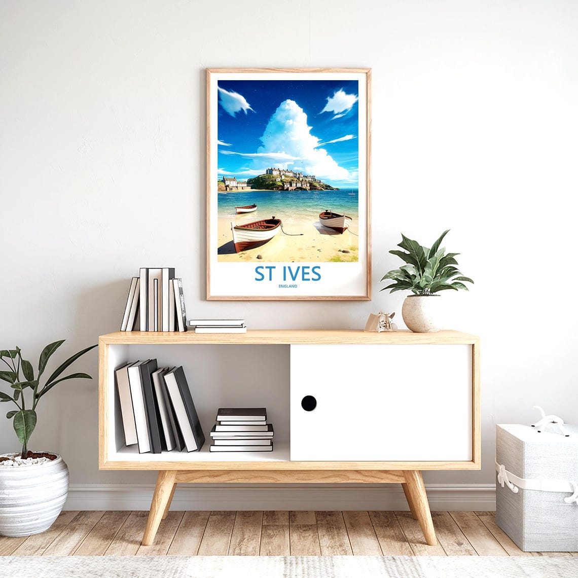 St Ives England Sunny Wooden Boats Beached on Golden Sand Poster - Image 2