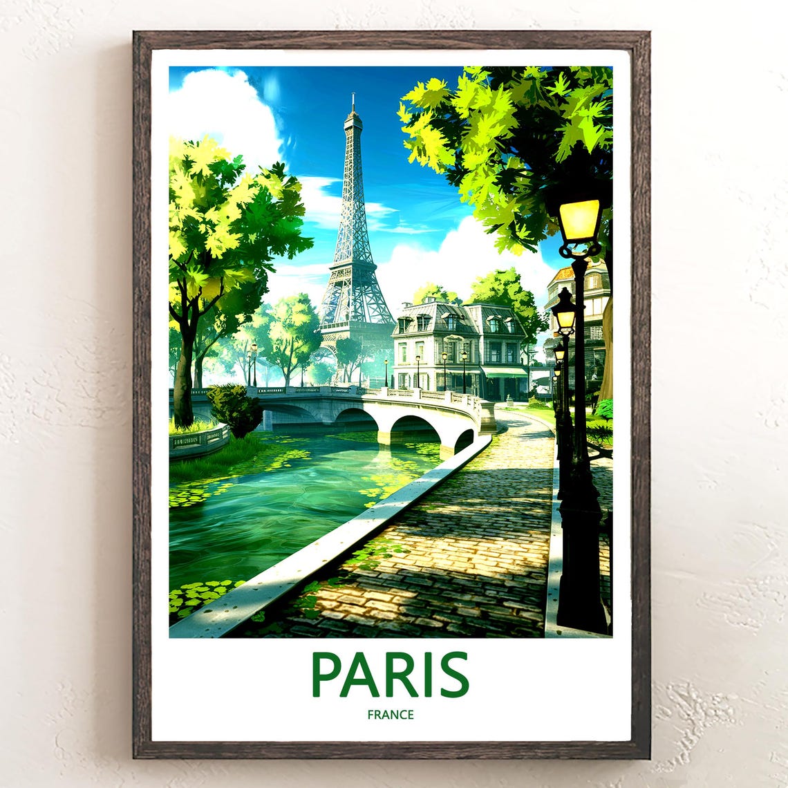 Eiffel Tower and Curved Seine Bridge in Lush Green Spring Poster