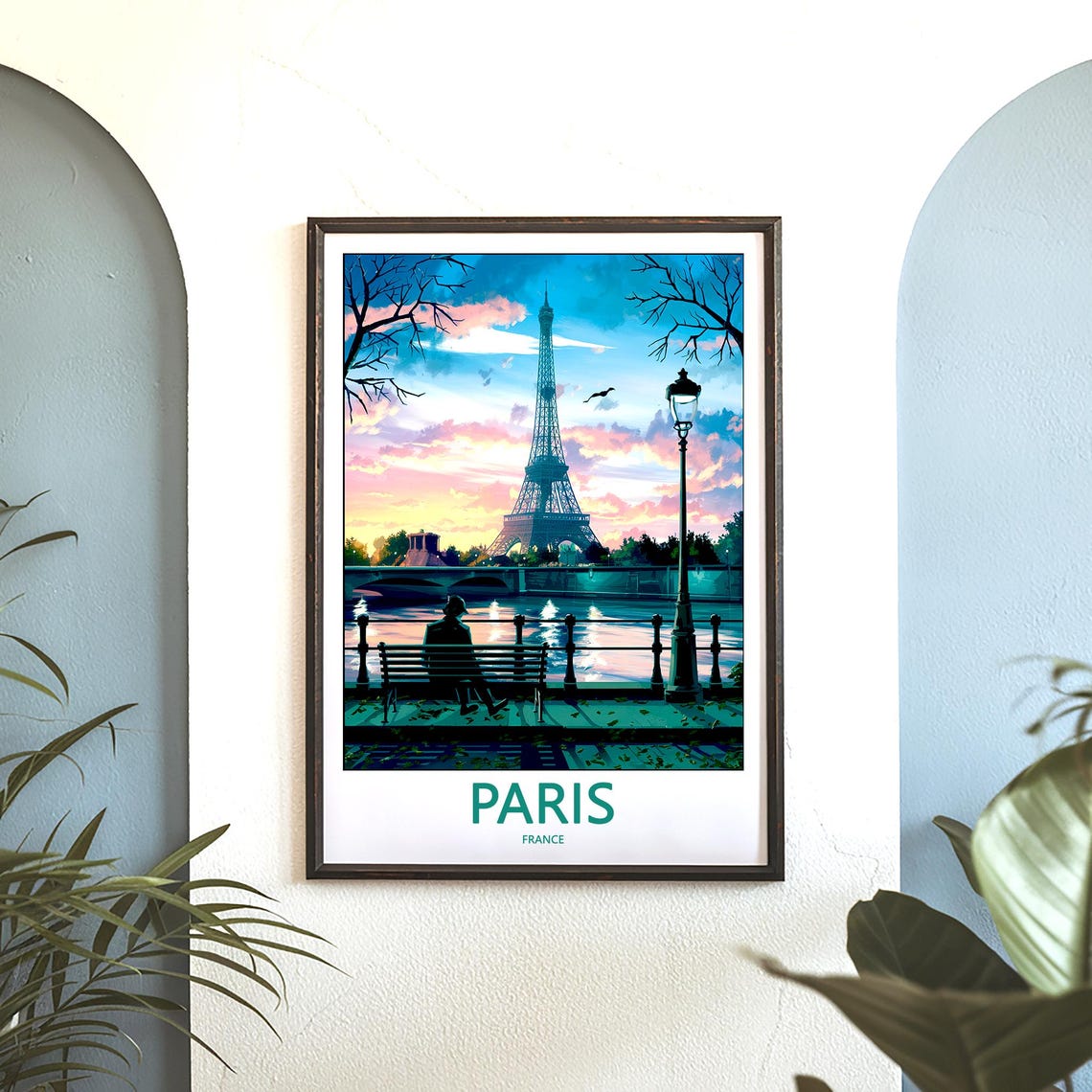 Paris Eiffel Tower Sunset Over the Seine Riverside Bench Poster - Image 3