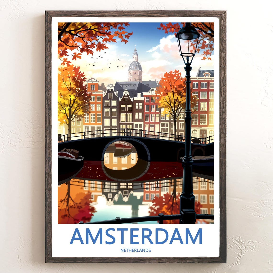 Amsterdam Canal Bridge Street Lamp Autumn Reflection Art Poster