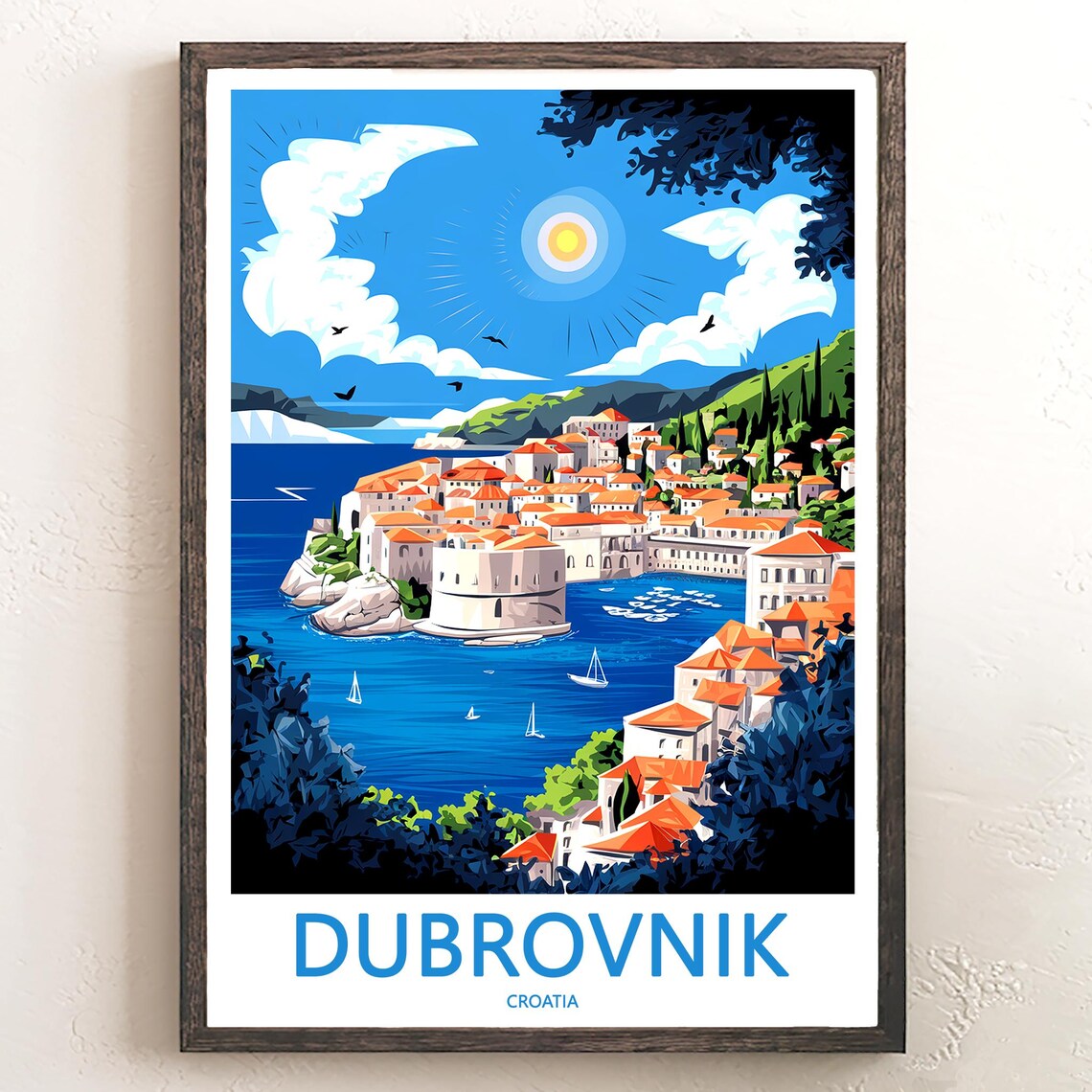 Dubrovnik Croatia Vintage Illustration Sun Sea Sailboat Poster