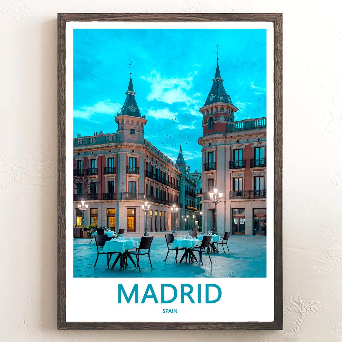 Madrid Historic Plaza at Dusk With Glowing Cafe Tables Poster
