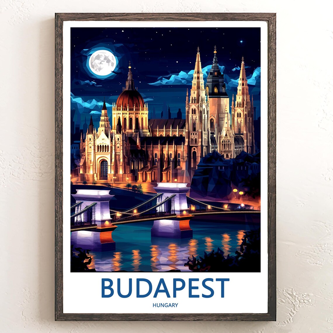 Budapest Hungary Matthias Church Night Chain Bridge Moon Poster