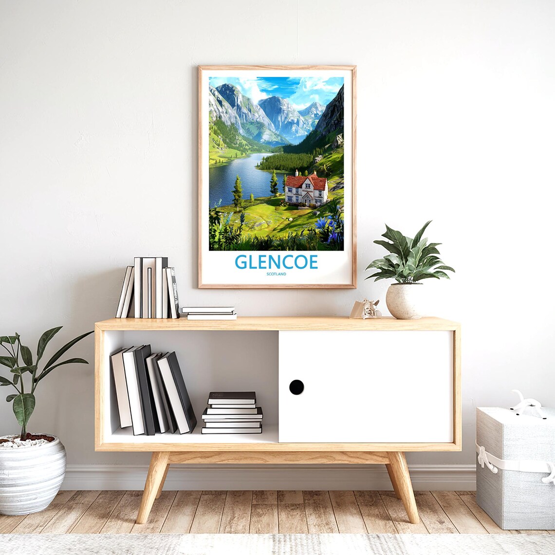 Glencoe Scotland Cottage by the Loch Mountain Vista View Poster - Image 2