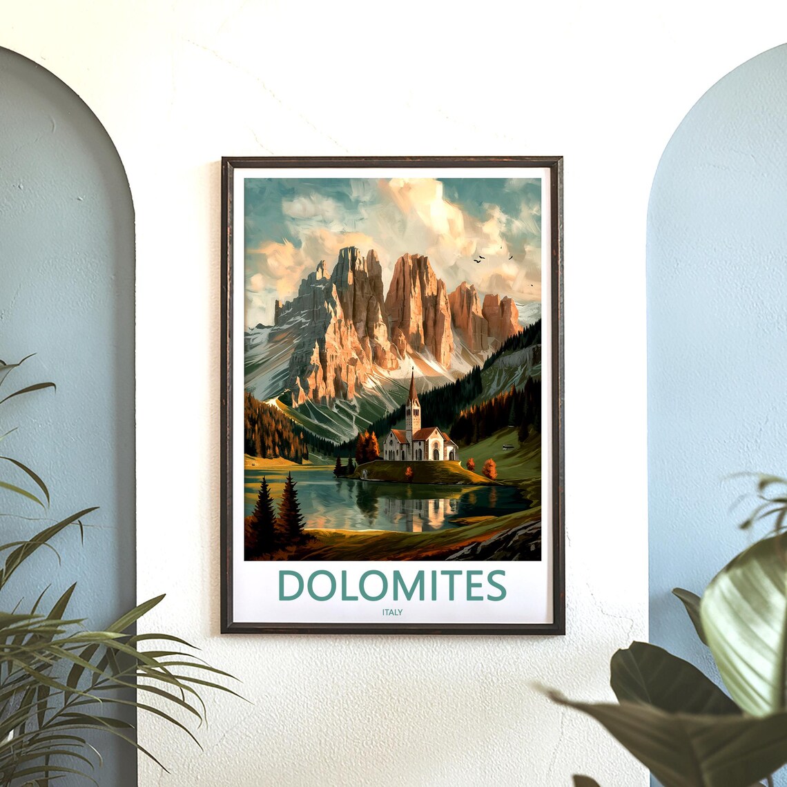 Dolomites Autumn Golden Hills with Lakeside Church Italy Poster - Image 3