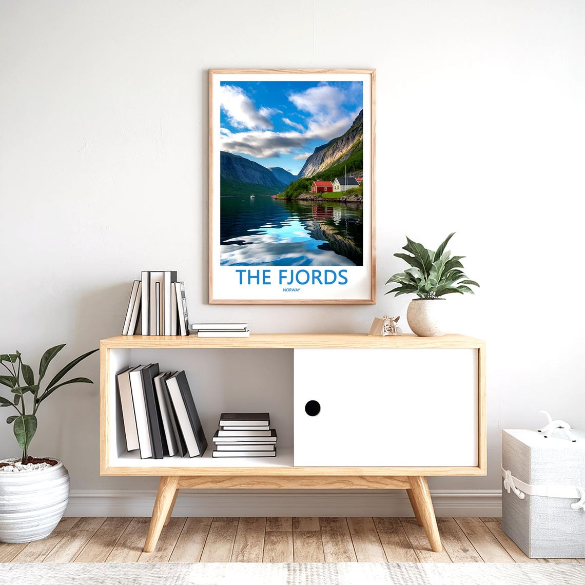 Norwegian Fjords Lakeside Village With Red Cabins Norway Travel Poster - Image 2