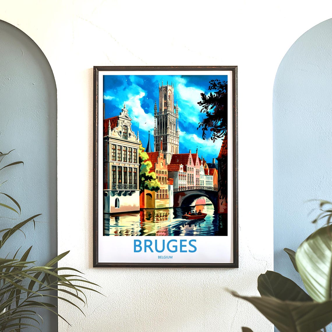 Bruges Belgium Canal Boat Under Bridge Historic Tower Poster - Image 3