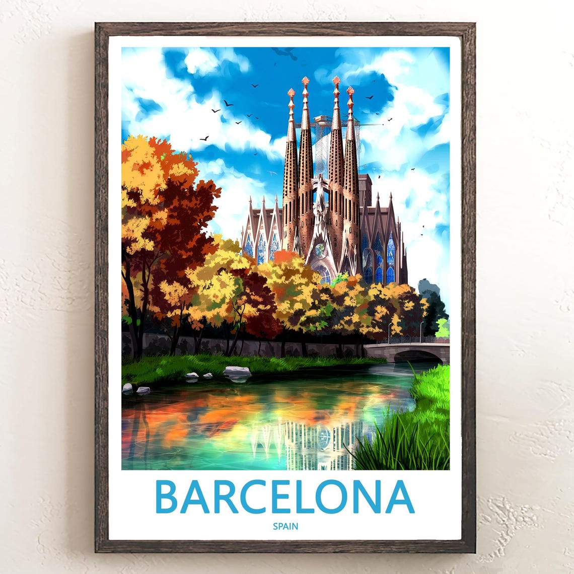 Barcelona Sagrada Família River Reflection Autumn Birds Poster