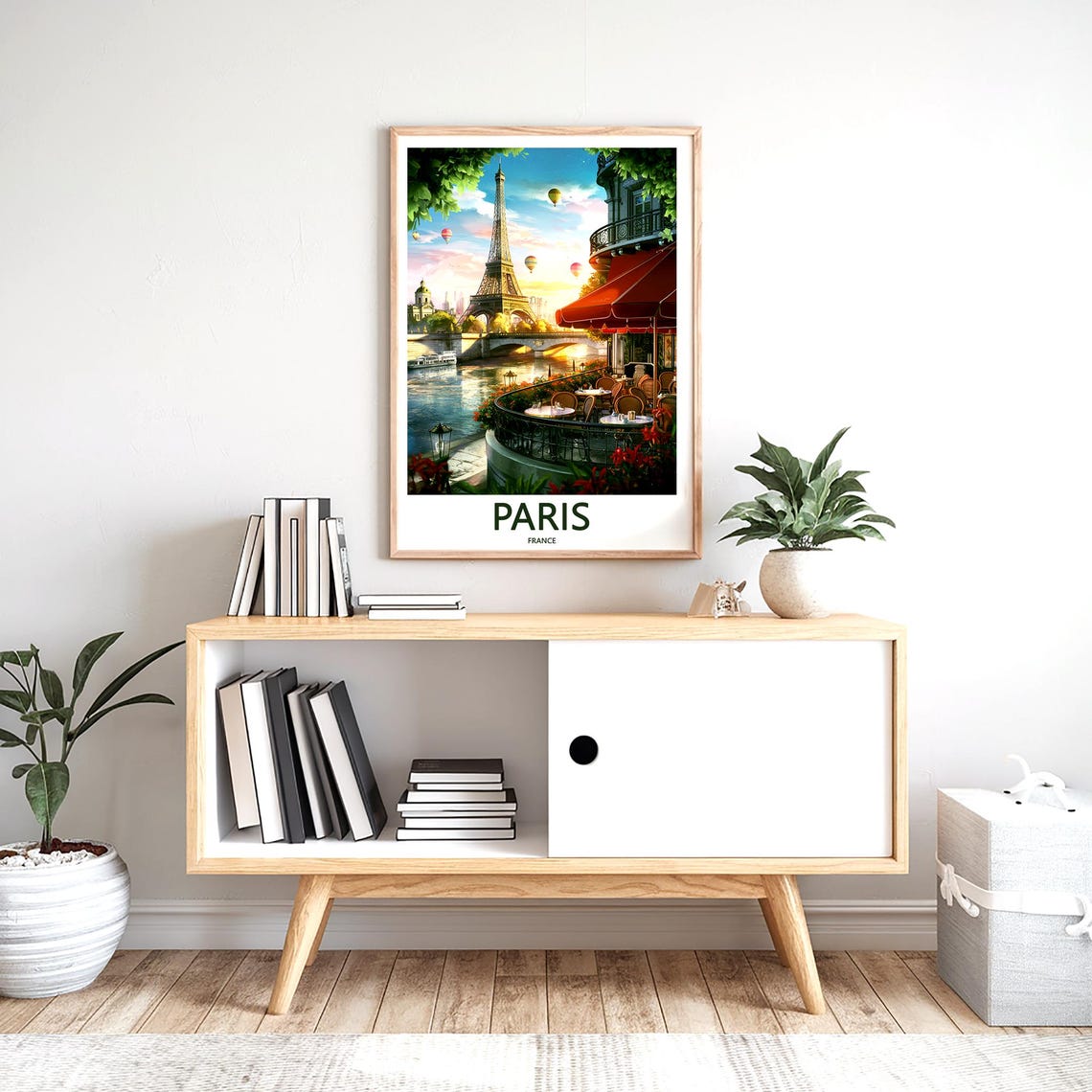 Paris Eiffel Tower Riverside Cafe Hot Air Balloons Sky Poster - Image 2