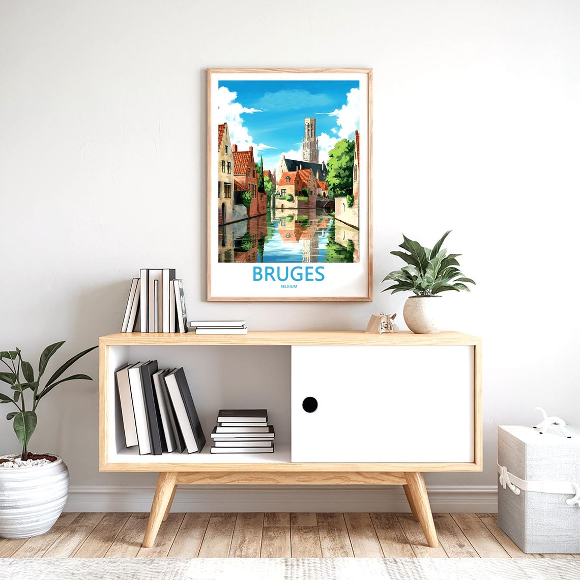 Bruges Belgium Anime Canal With Old Town Tower Blue Sky Poster - Image 2