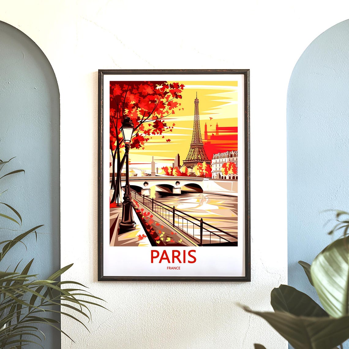 Eiffel Tower and Red Autumn Leaves Over the Seine Fall Glow Poster - Image 3