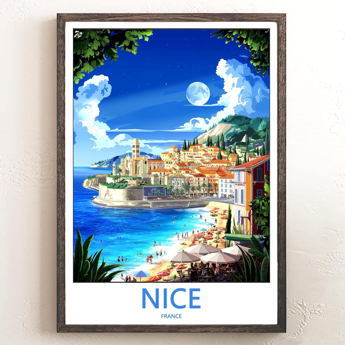 Nice France Moonlit Beach Umbrellas Seaside Travel Art Poster