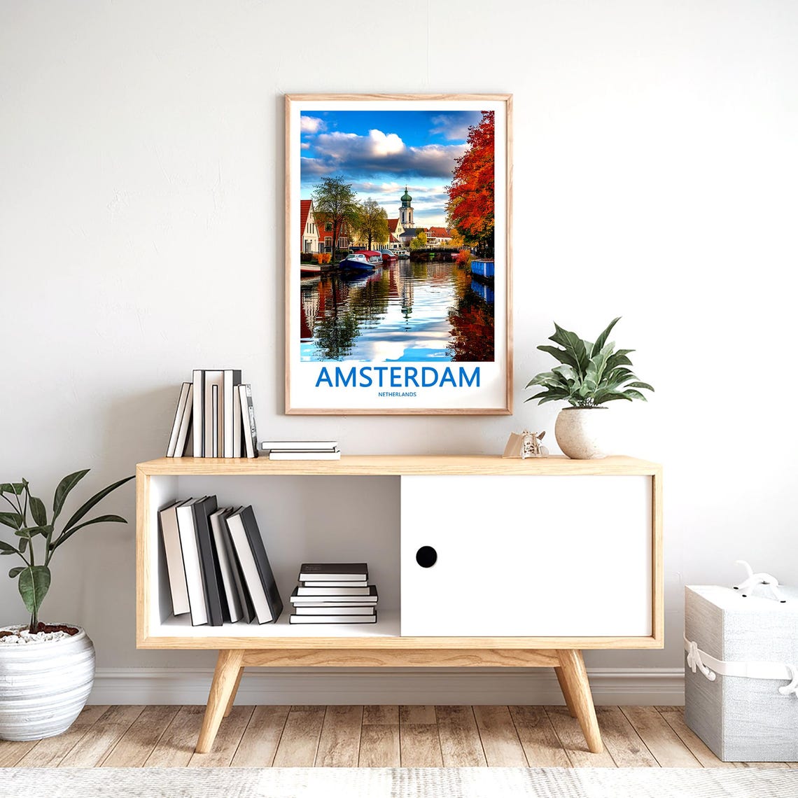 Amsterdam Autumn Canal Reflection with Red Trees and Boats Poster - Image 2