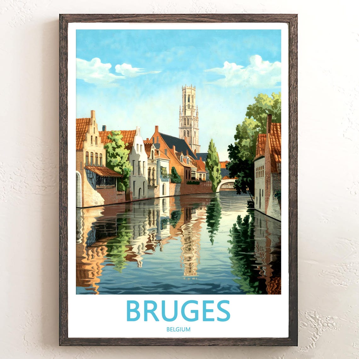 Bruges Belgium Canal With Centered Tower and Calm Water Poster
