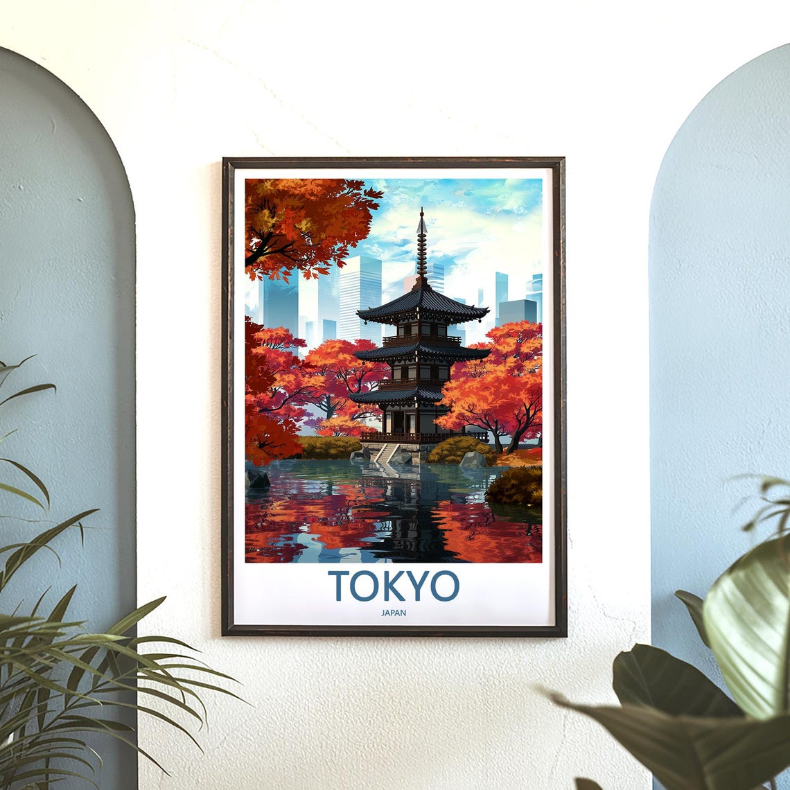 Illustrated Tokyo Pagoda by a Still Pond with Autumn Reflection Poster - Image 3