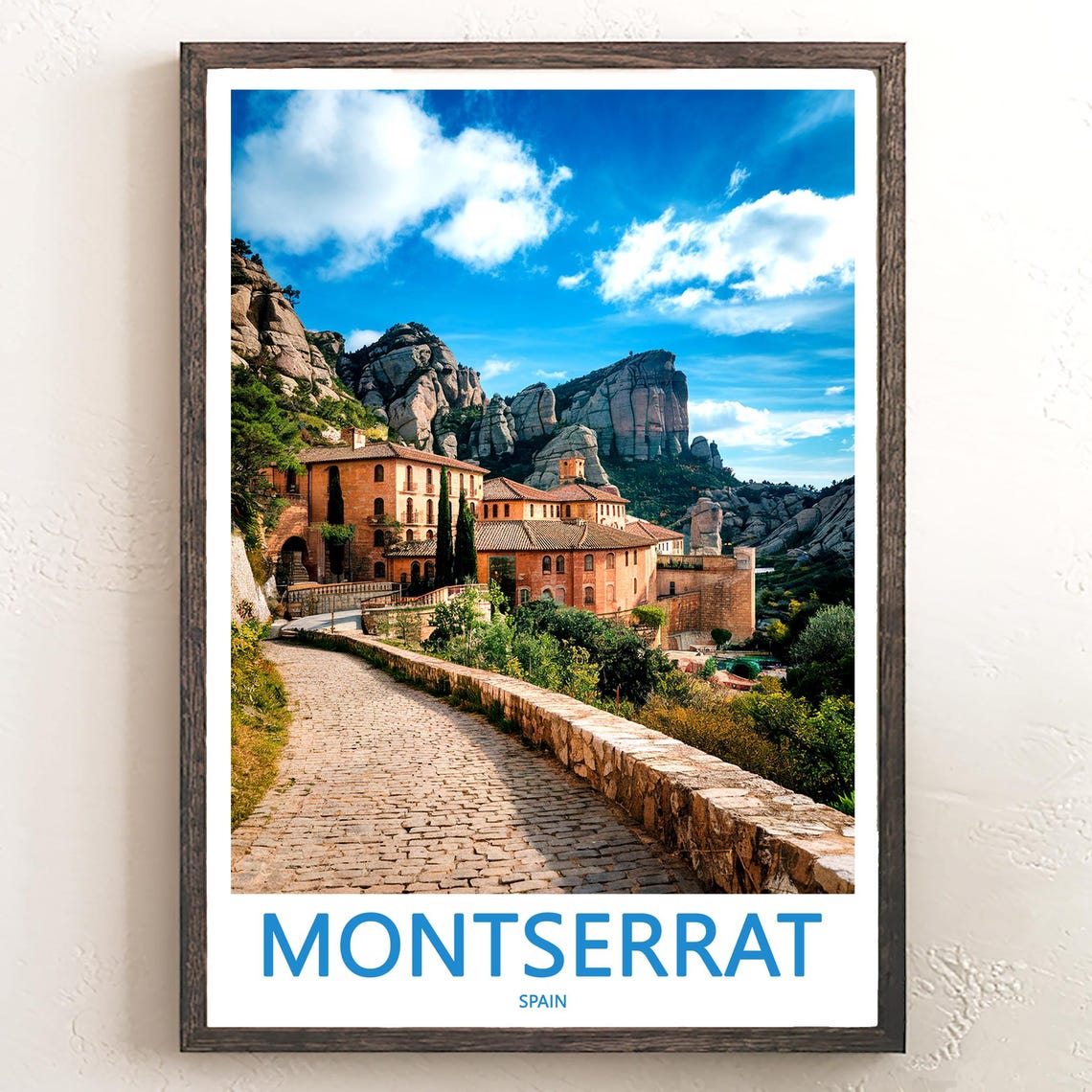 Montserrat Monastery Cobbled Path and Rock Peaks Travel Poster