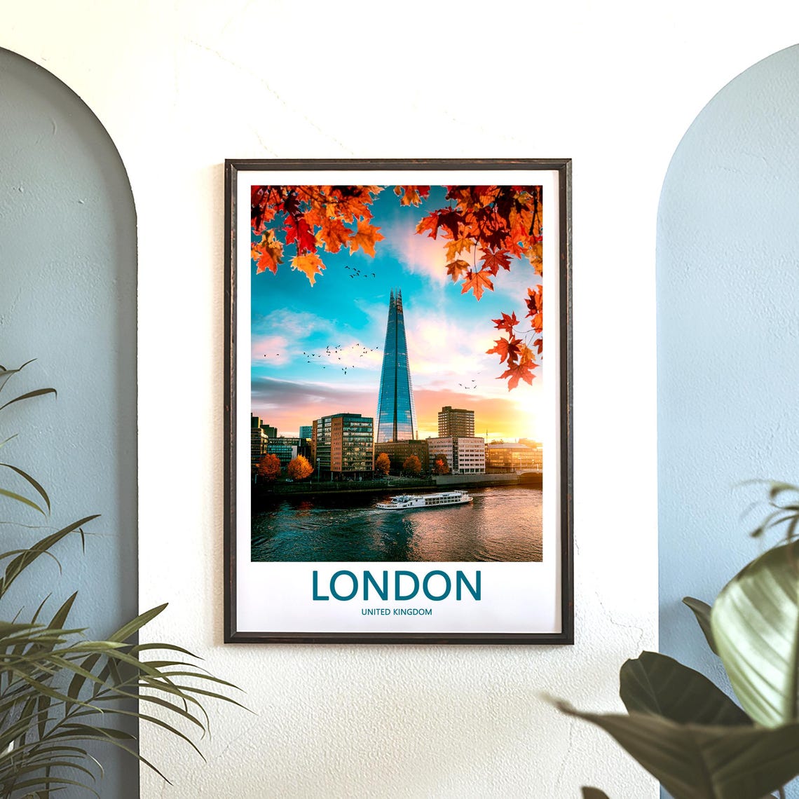 The Shard at Sunset with Vivid Orange Maple Branch Frame Poster - Image 3