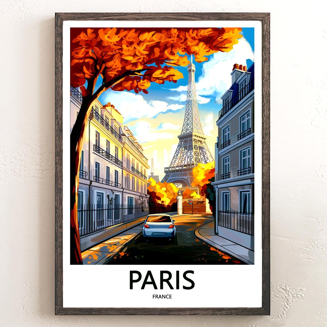 Eiffel Tower Autumn Street White Car Illustrated Travel Poster