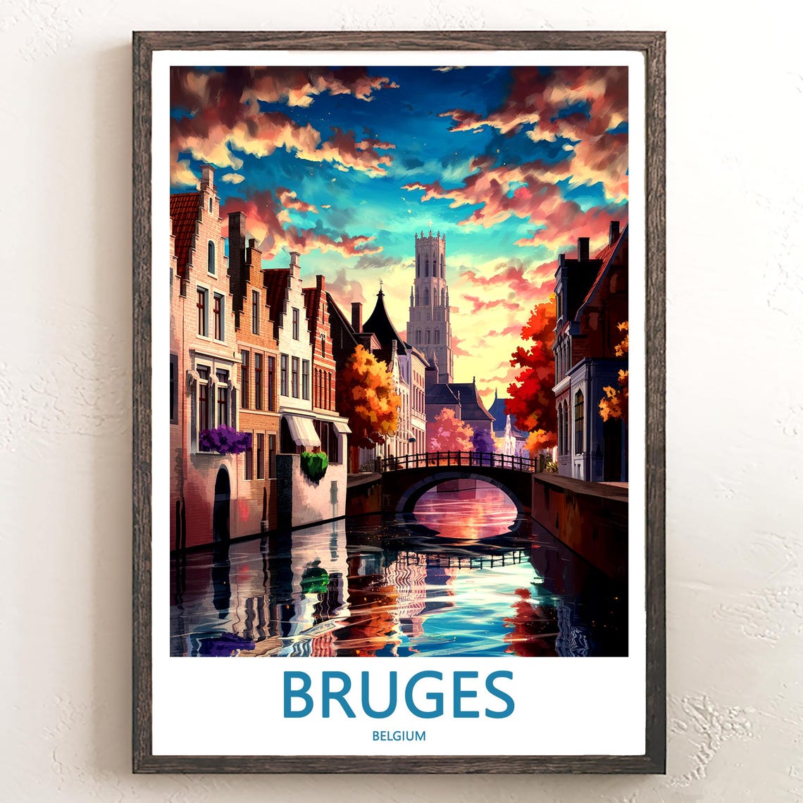 Bruges Belgium Sunset Canal Bridge With Autumn Colors Poster