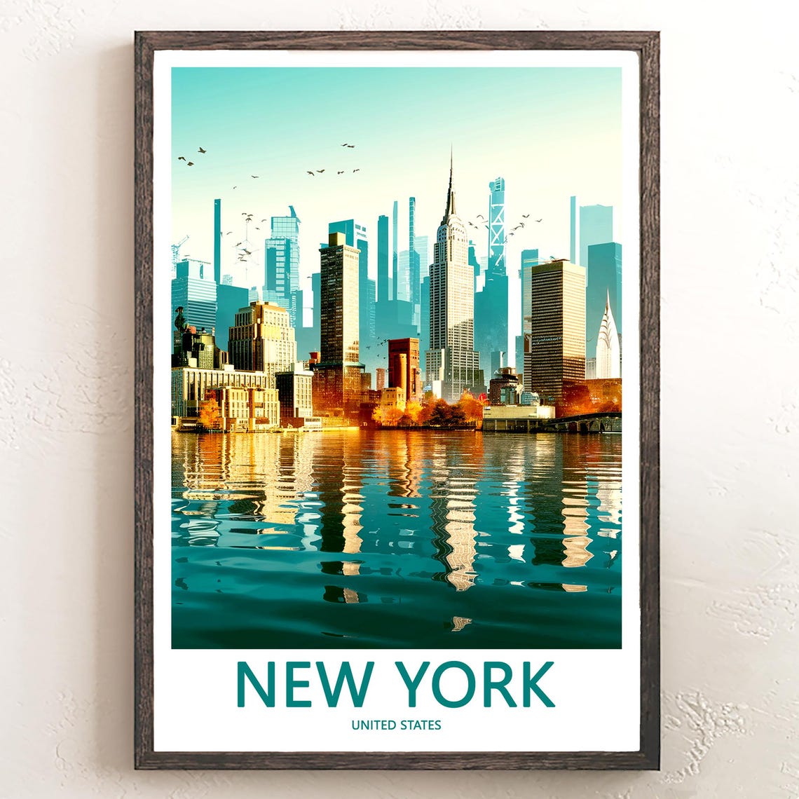 Panoramic Manhattan Skyline with Golden Water Reflection Poster