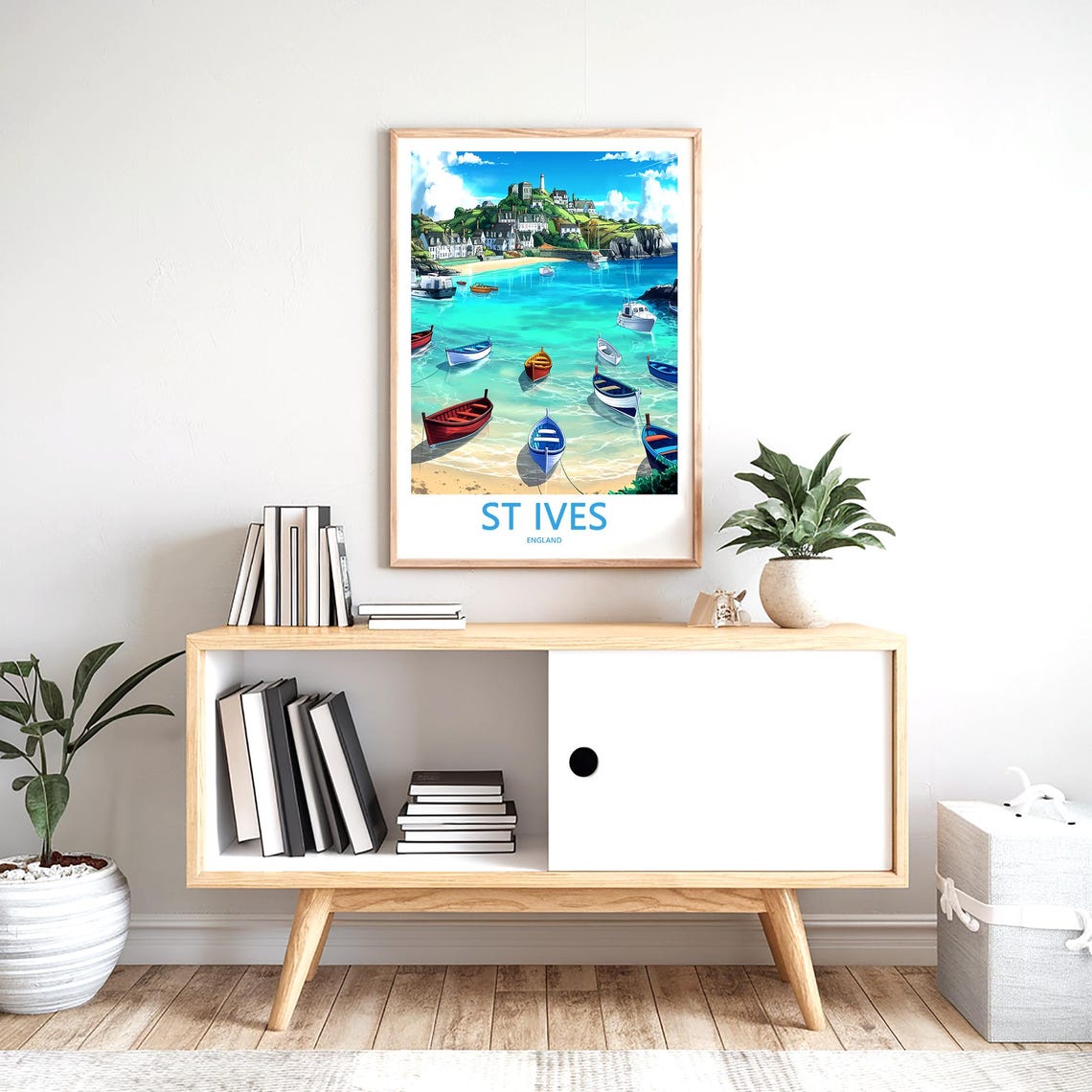 St Ives England Bright Boats Harbor Below Hillside Town Poster - Image 2