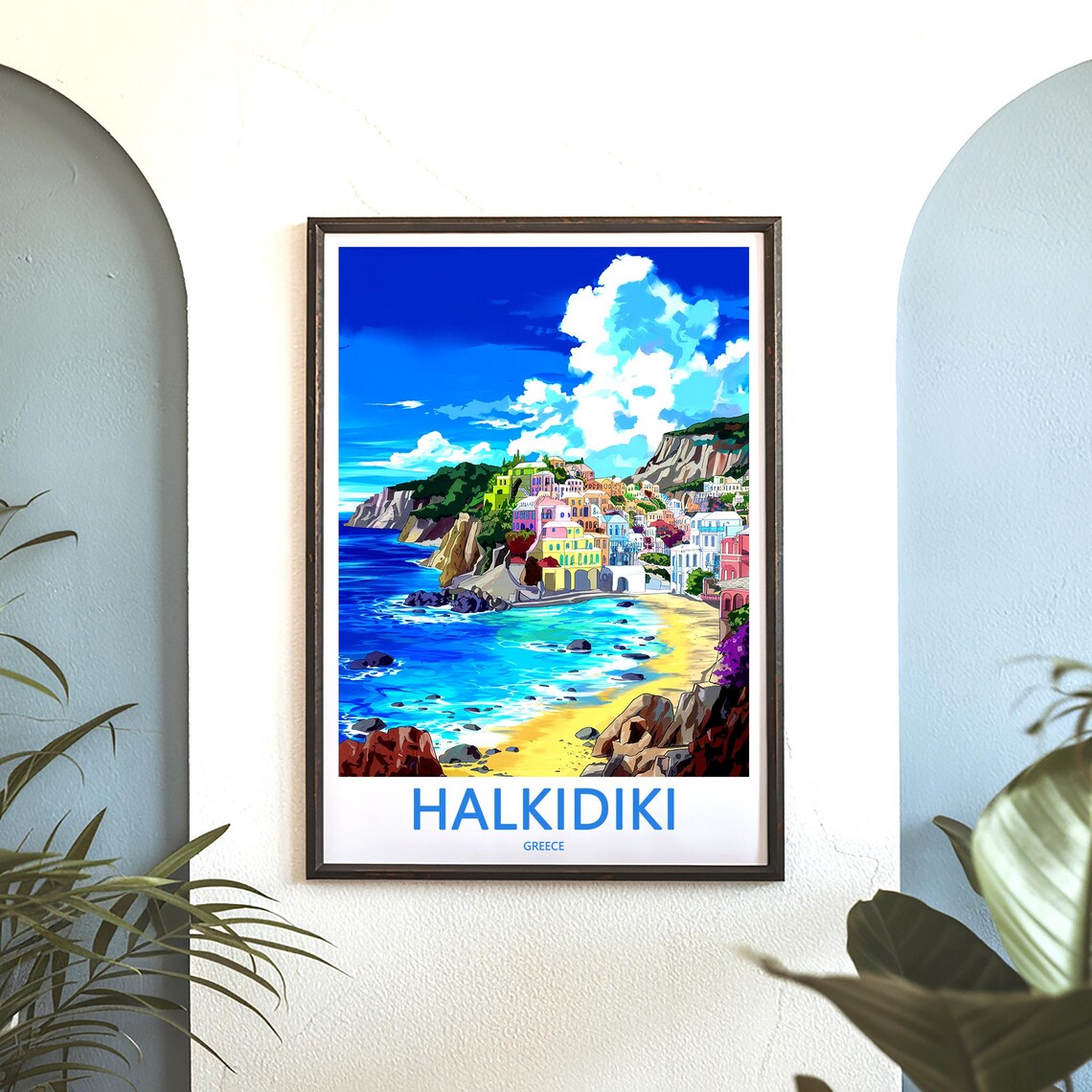 Halkidiki Greece Colorful Clifftop Village Golden Beach Travel Poster - Image 3