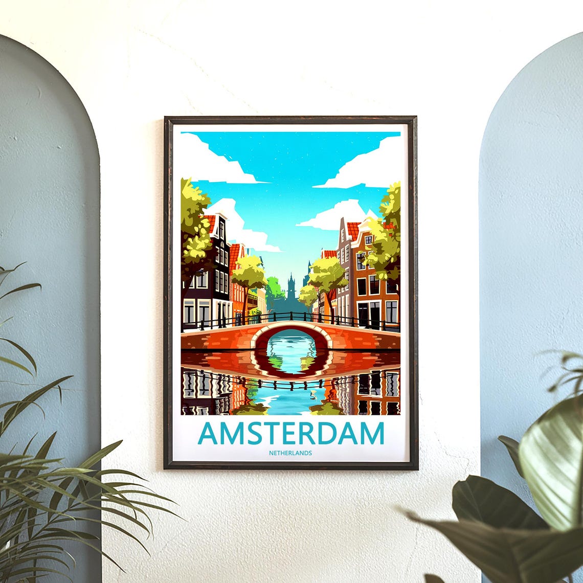 Amsterdam Retro Brick Bridge Canal Reflection Vector Art Poster - Image 3
