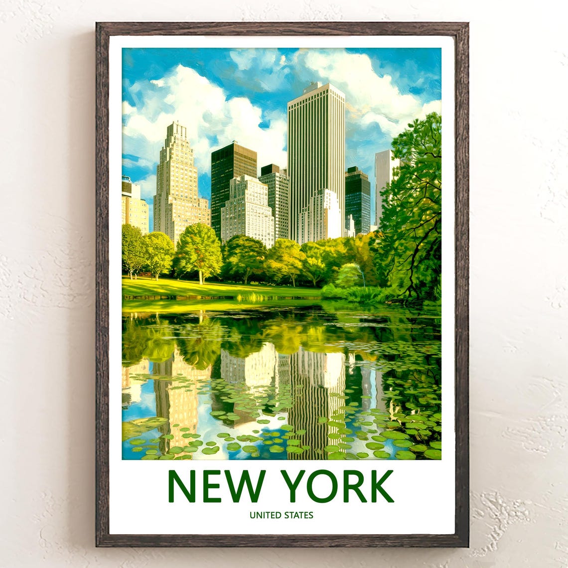 New York Central Park Pond Reflection Skyline Green Travel Poster