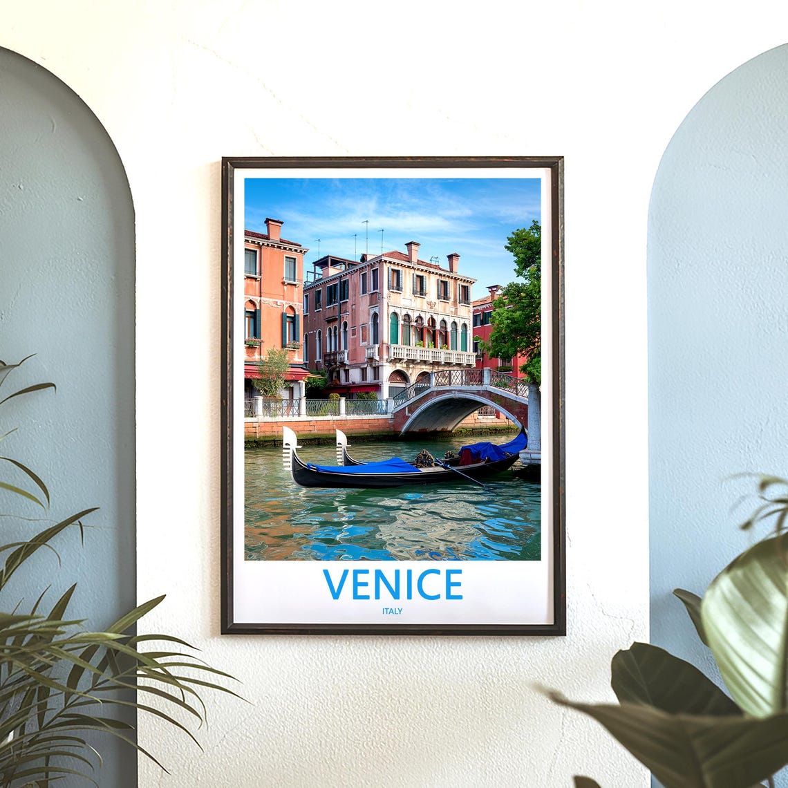 Venice Italy Small Canal Bridge With Moored Gondolas Photo Poster - Image 3