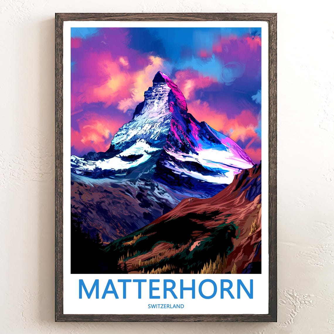 Matterhorn Sunset In Vivid Pink And Purple Painted Art Poster