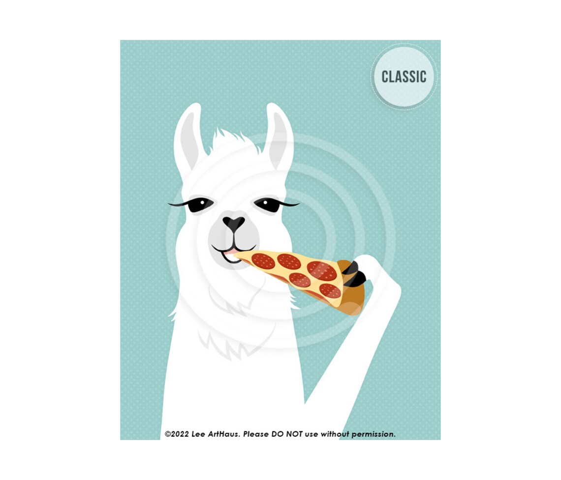 White Llama Eating Pepperoni Pizza Slice Fun Kids Room Decor Wall Poster - Image 4