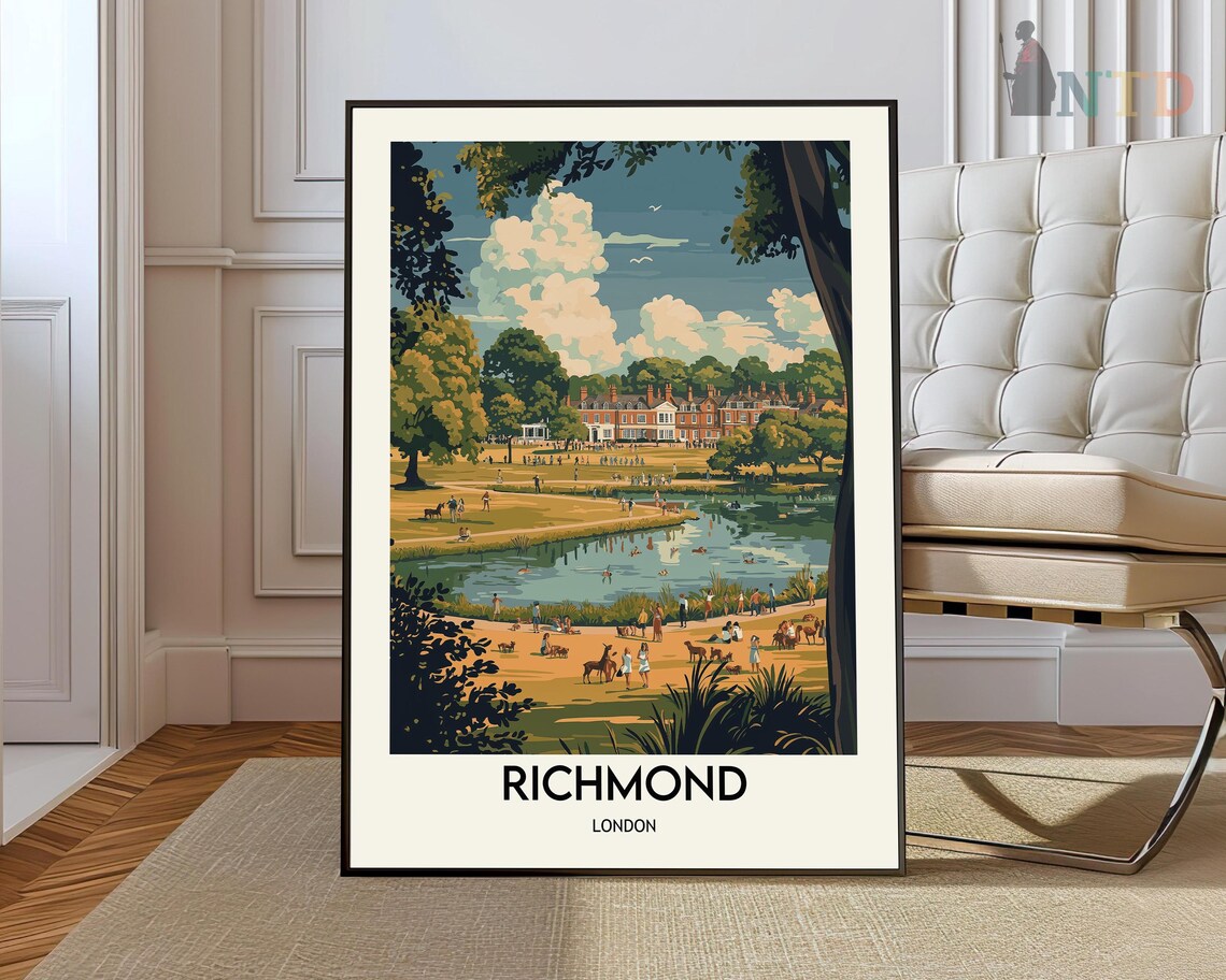 Richmond London Park Lake and Georgian Estate Vintage Travel Poster