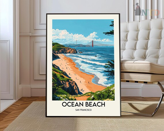 Ocean Beach San Francisco Golden Gate Vintage Travel Art Poster