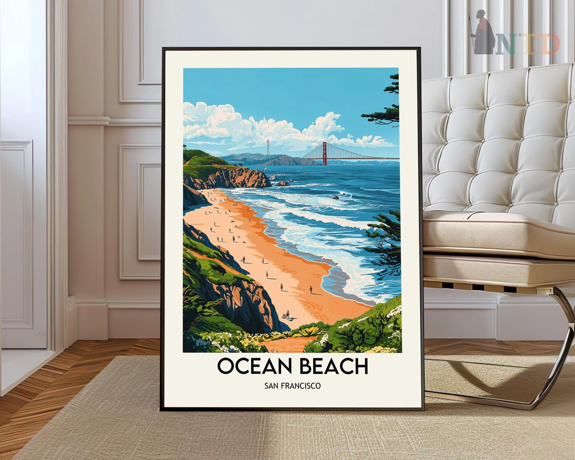Ocean Beach San Francisco Golden Gate Vintage Travel Art Poster