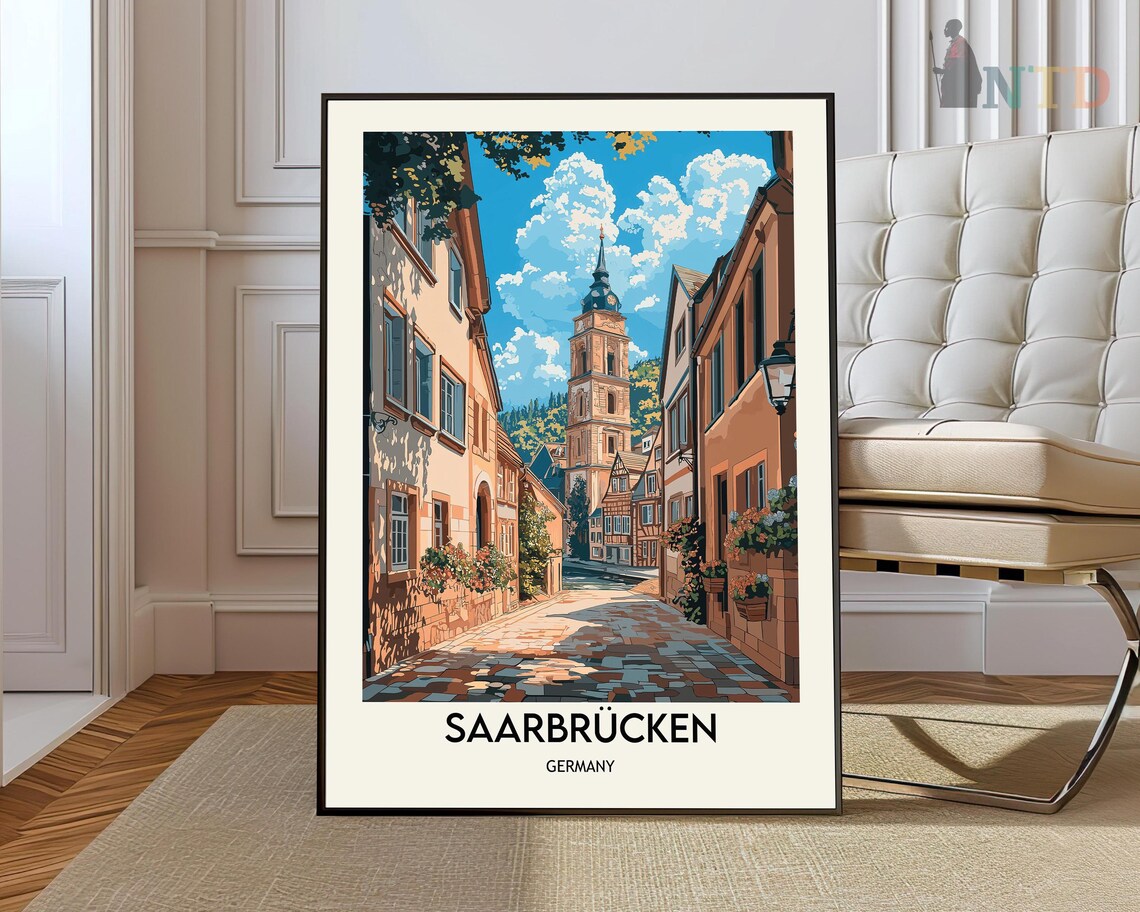 Saarbrucken Germany Old Town Cobblestone Street Vintage Travel Poster